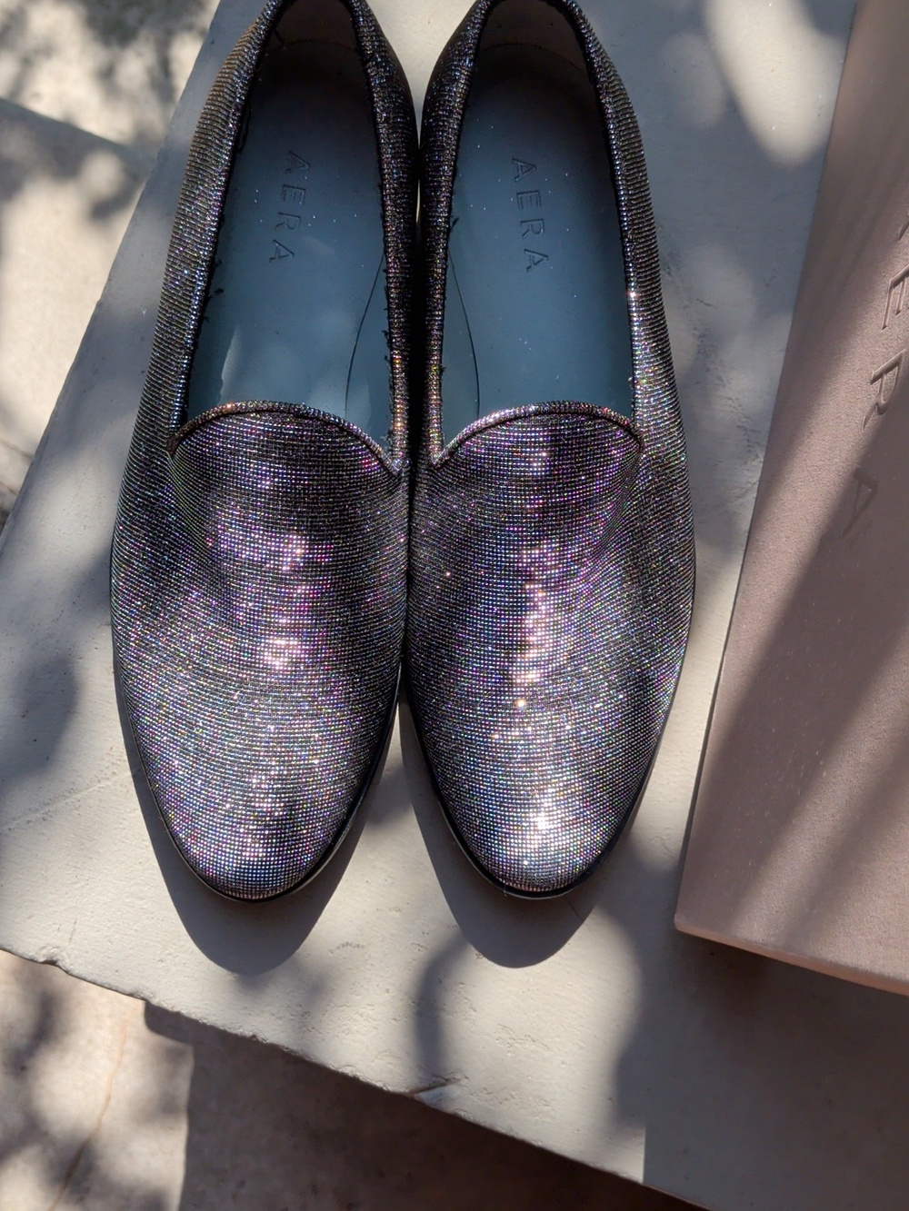 Nib $495 Iridescent Glitter Slip-On Loafers in Silver